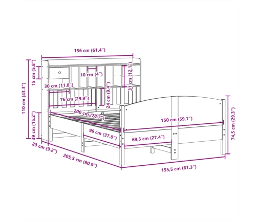 Cama con estantería sin colchón madera maciza de pino 150x200cm