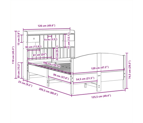 Cama con estantería sin colchón madera maciza de pino 120x200cm