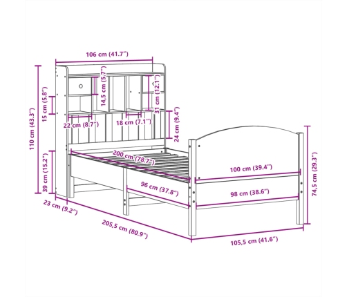 Cama con estantería sin colchón madera maciza de pino 100x200cm