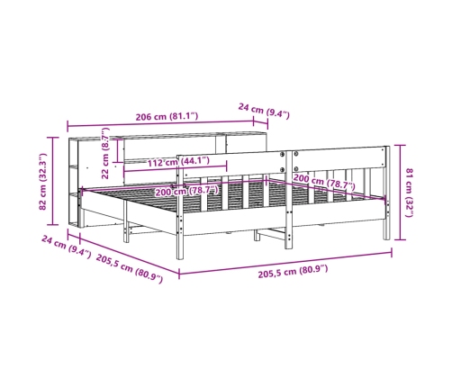 Cama con estantería sin colchón madera maciza de pino 200x200cm