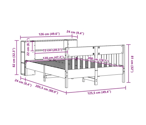 Cama con estantería sin colchón madera maciza marrón 120x200cm