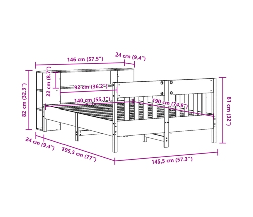 Cama con estantería sin colchón madera maciza de pino 140x190cm