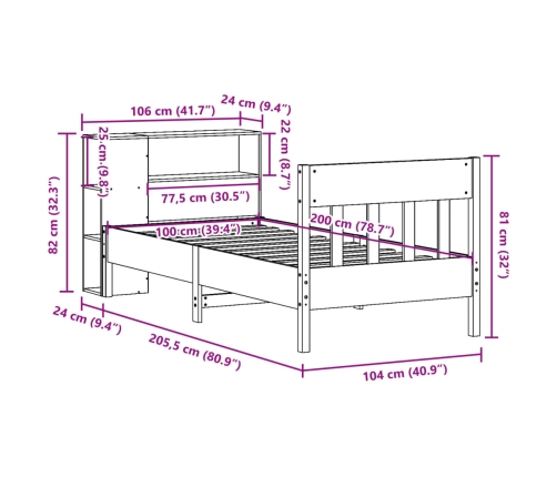 Cama con estantería sin colchón madera maciza marrón 100x200 cm