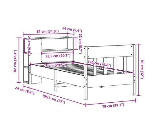 Cama con estantería sin colchón madera maciza de pino 75x190 cm