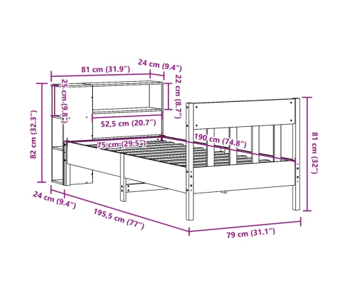 Cama con estantería sin colchón madera maciza marrón 75x190 cm