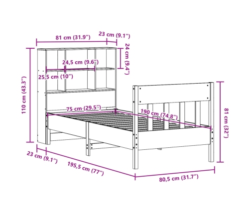 Estructura de cama sin colchón madera maciza pino 75x190 cm