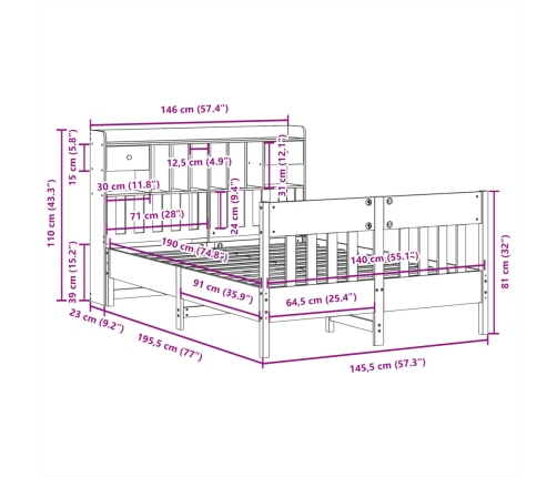 Estructura de cama sin colchón madera maciza de pino 140x190 cm