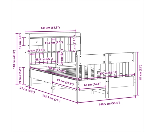 Estructura de cama sin colchón madera maciza de pino 135x190 cm