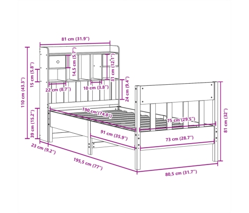 Estructura de cama sin colchón madera maciza pino 75x190 cm