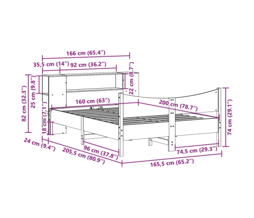 Cama sin colchón madera maciza de pino marrón cera 160x200 cm
