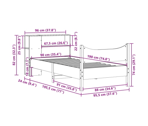 Estructura de cama sin colchón madera maciza de pino 90x190 cm