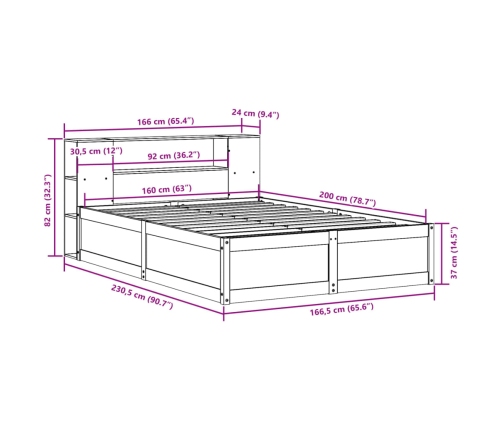 Cama sin colchón madera maciza de pino marrón cera 160x200 cm