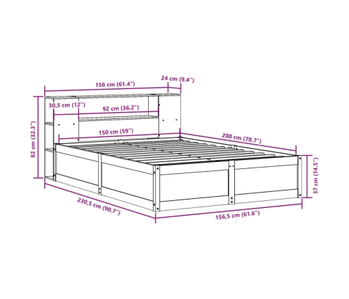 Cama sin colchón madera maciza pino marrón cera 150x200 cm