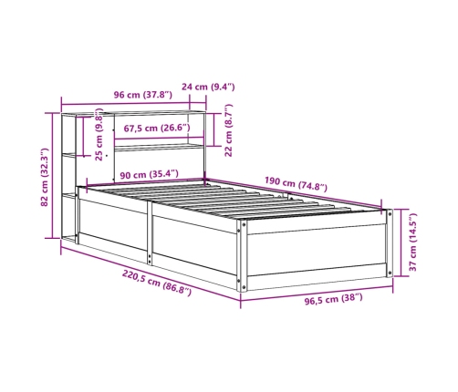 Estructura de cama sin colchón madera maciza de pino 90x190 cm