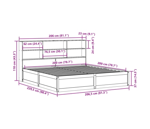 Cama sin colchón madera maciza de pino marrón cera 200x200 cm