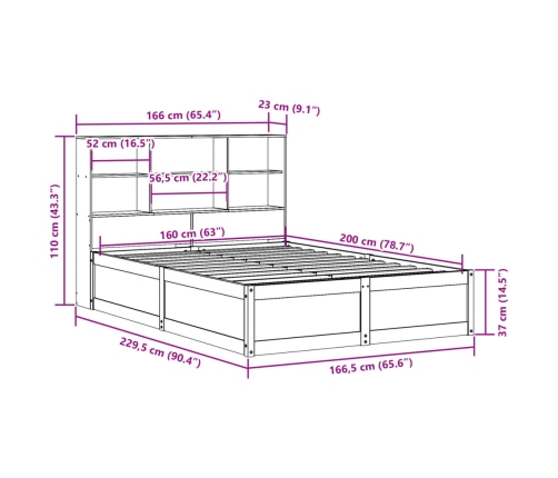 Estructura de cama sin colchón madera maciza de pino 160x200 cm