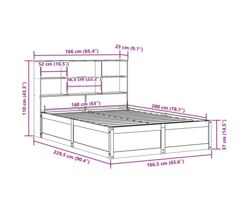 Cama sin colchón madera maciza de pino marrón cera 160x200 cm