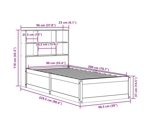 Estructura de cama sin colchón madera maciza de pino 90x200 cm