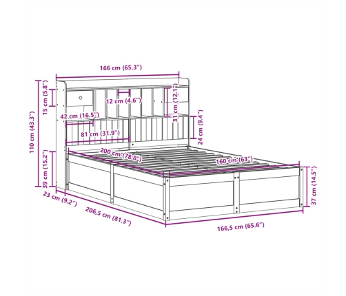 Cama sin colchón madera maciza de pino marrón cera 160x200 cm