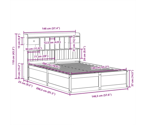 Cama sin colchón madera maciza de pino marrón cera 140x200 cm