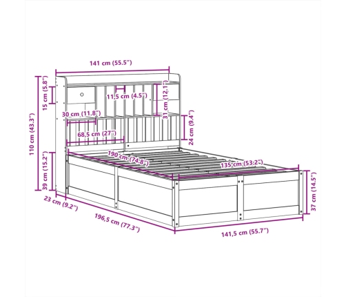 Estructura de cama sin colchón madera maciza de pino 135x190 cm