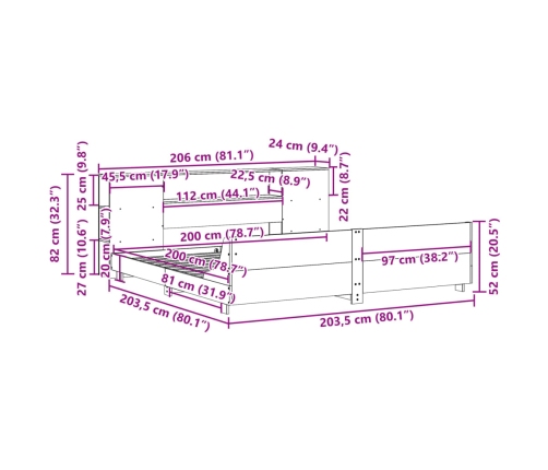 Cama sin colchón madera maciza de pino marrón cera 200x200 cm