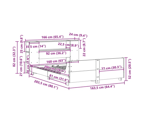 Estructura de cama sin colchón madera maciza de pino 160x200 cm