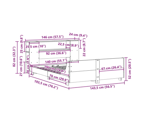 Estructura de cama sin colchón madera maciza de pino 140x190 cm