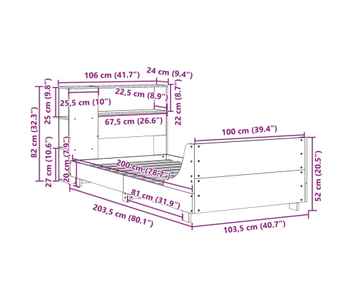 Cama sin colchón madera maciza de pino marrón cera 100x200 cm