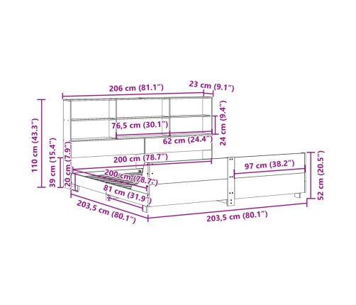 Cama sin colchón madera maciza de pino marrón cera 200x200 cm