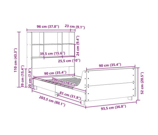 Estructura de cama sin colchón madera maciza de pino 90x200 cm