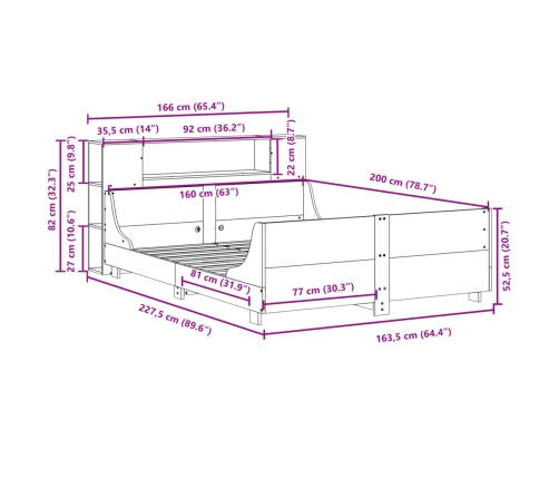 Cama sin colchón madera maciza de pino marrón cera 160x200 cm