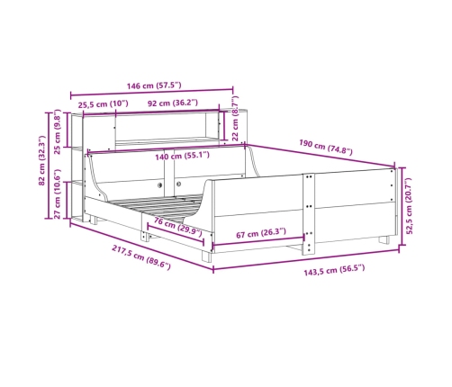 Estructura de cama sin colchón madera maciza de pino 140x190 cm