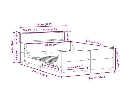 Estructura de cama sin colchón madera maciza de pino 135x190 cm