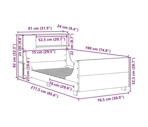 Estructura de cama sin colchón madera maciza pino 75x190 cm