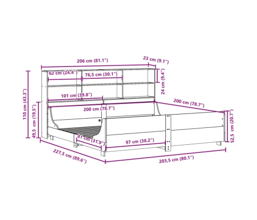 Cama con estantería sin colchón madera maciza marrón 200x200 cm