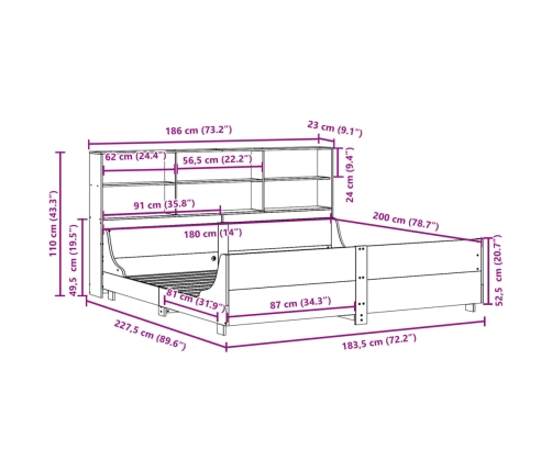 Cama con estantería sin colchón madera maciza 180x200 cm