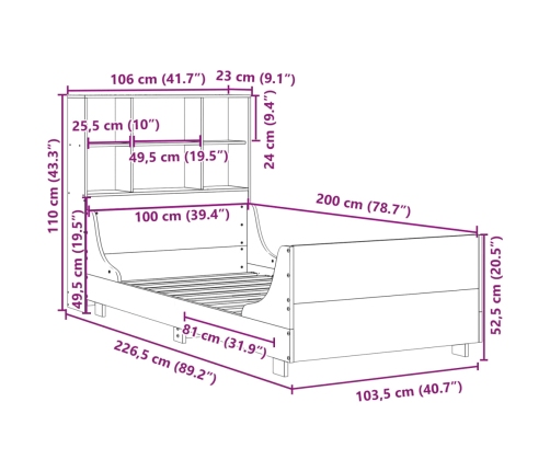 Cama con estantería sin colchón madera maciza 100x200 cm