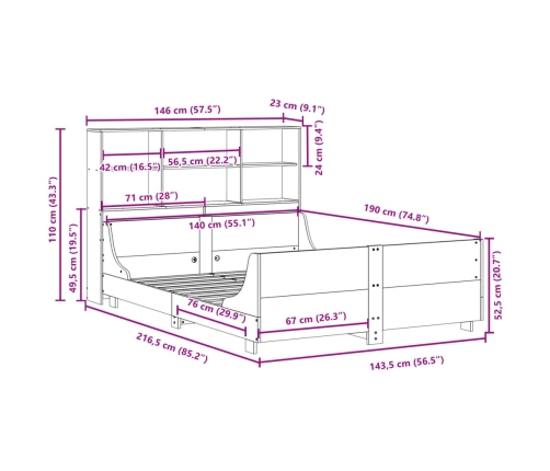 Cama con estantería sin colchón madera maciza 140x190 cm