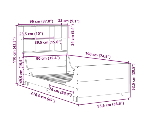 Cama con estantería sin colchón madera maciza 90x190 cm
