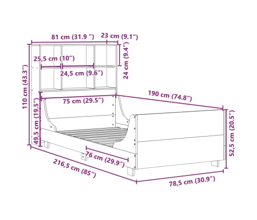 Cama con estantería sin colchón madera maciza marrón 75x190 cm