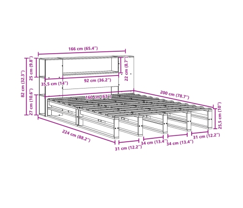 Cama con estantería sin colchón madera maciza 160x200 cm