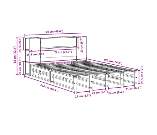Cama con estantería sin colchón madera maciza blanca 120x190 cm