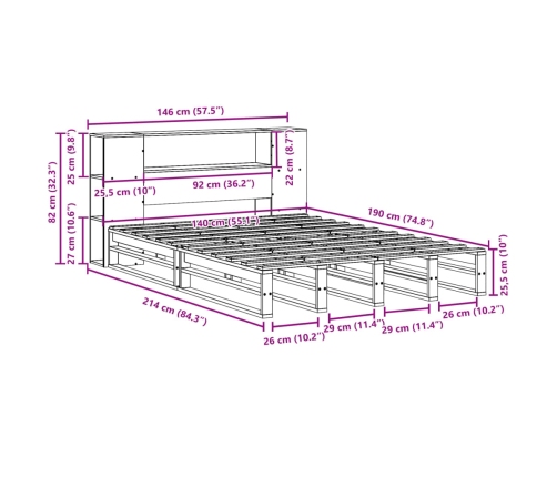 Cama con estantería sin colchón madera maciza blanca 140x190 cm