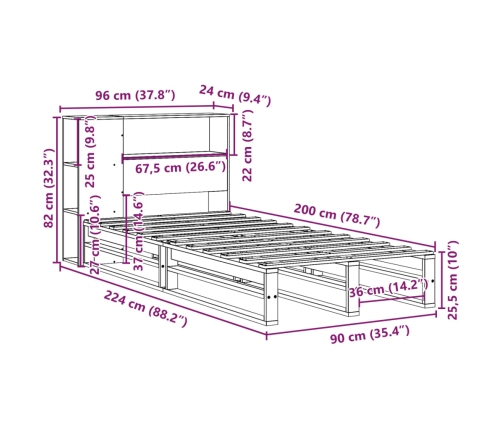 Cama con estantería sin colchón madera maciza marrón 90x200 cm