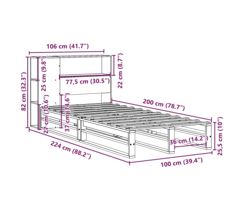 Cama con estantería sin colchón madera maciza 100x200 cm