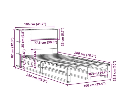 Cama con estantería sin colchón madera maciza marrón 100x200 cm