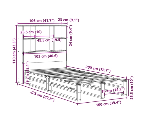 Cama con estantería sin colchón madera maciza 100x200 cm