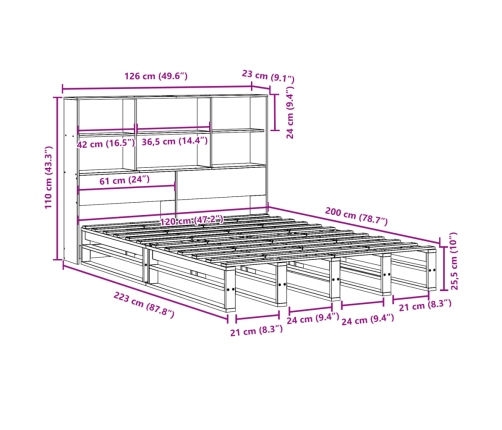 Cama con estantería sin colchón madera maciza 120x200 cm