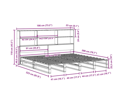 Cama con estantería sin colchón madera maciza 180x200 cm